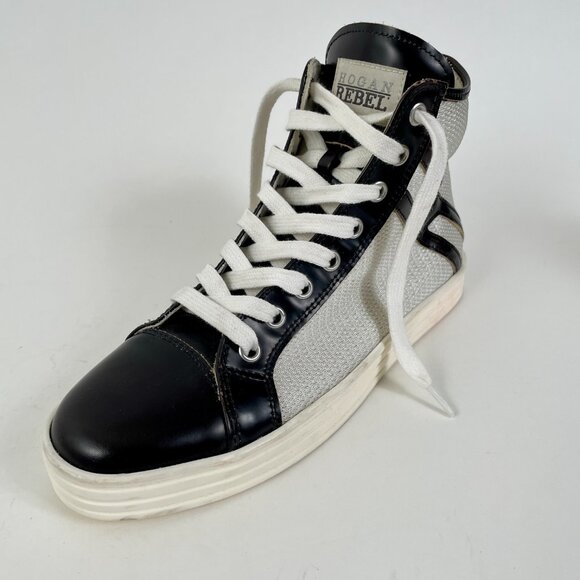 Women's Hogan Rebel R182 High Top Sneakers, Black Leather/SIiver Sequin, Size 36 - Picture 10 of 15